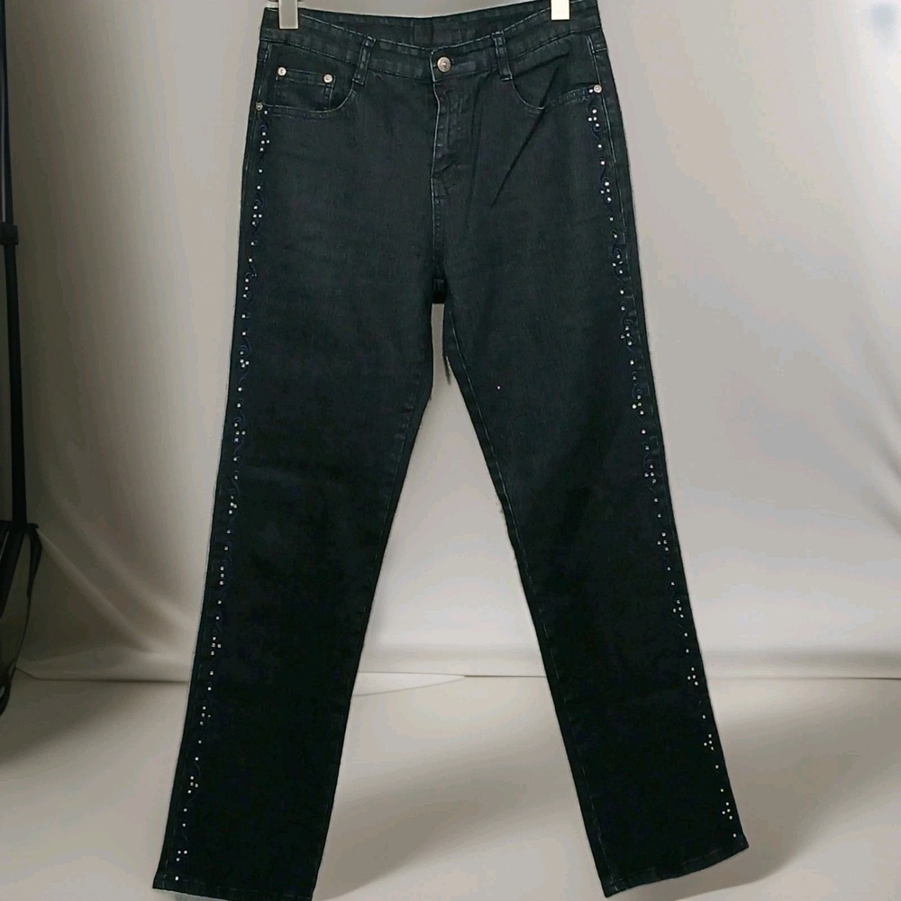 Cos Jeans Women's Mid Rise‎ Straight Leg Blue Denim Embellished Rhinestone Bling